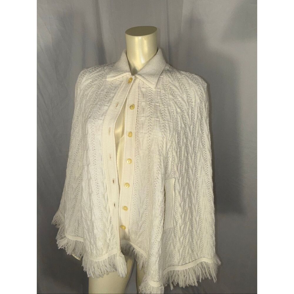 Vintage Lady Lynne Ivory Knit Cape with Fringe Trim – Button Front Poncho Cloak